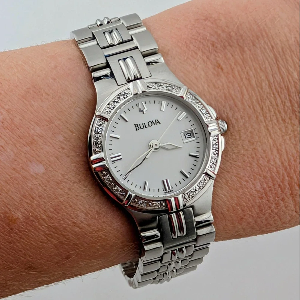 Bulova 96R04 Women's Diamond Watch White Pearlized Dial SS Date 25mm 7.25